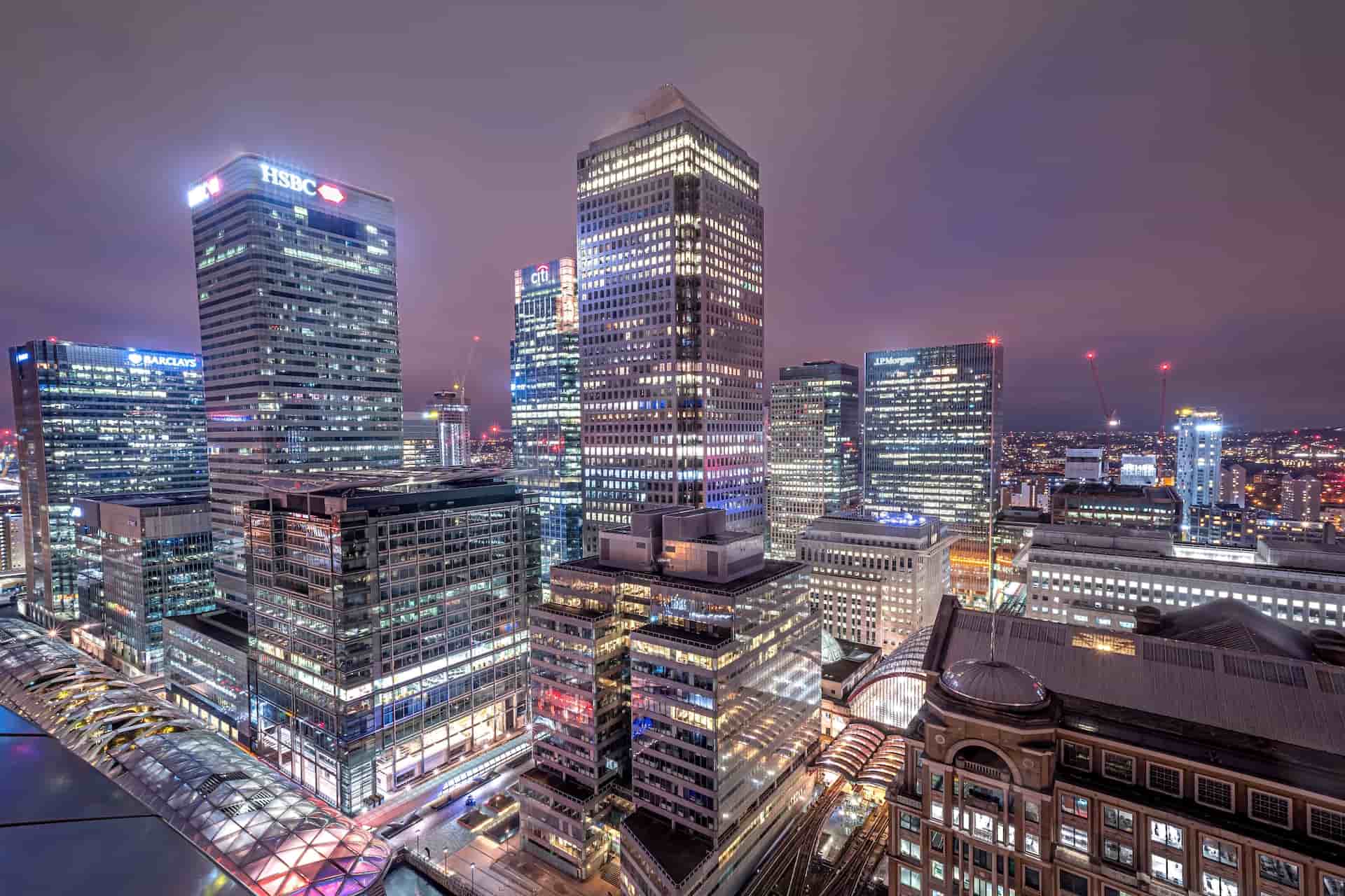 Canary Wharf skyline view at night